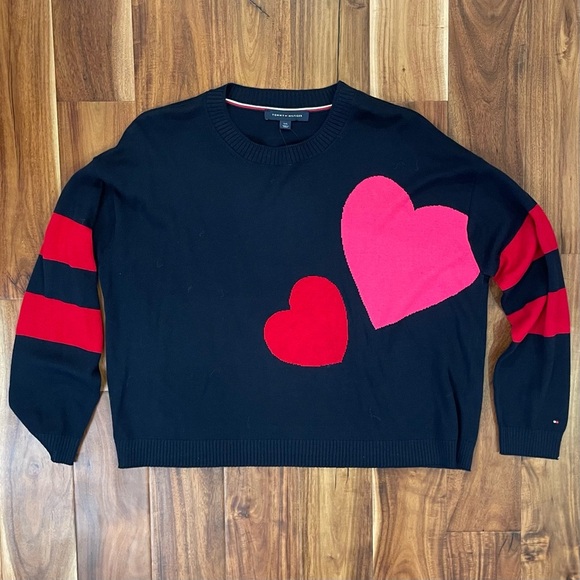 Tommy Hilfiger Women's Cropped Double Heart Sweater Navy Crewneck Size Large. - Picture 5 of 12
